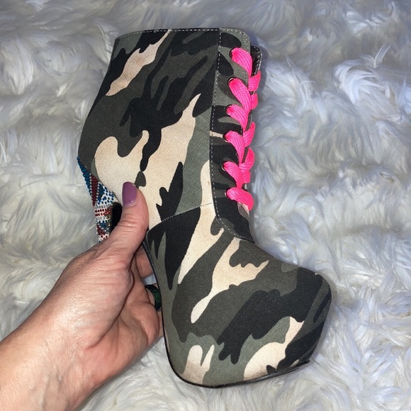 MOCHI Camo UK Rhinestone Lace Up Stiletto Platform Ankle Boots Booties 7 - Picture 16 of 16